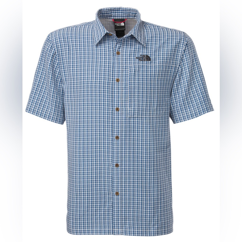 The North Face Blue Short Sleeve Plaid Hiking Outdoors Pocket Shirt